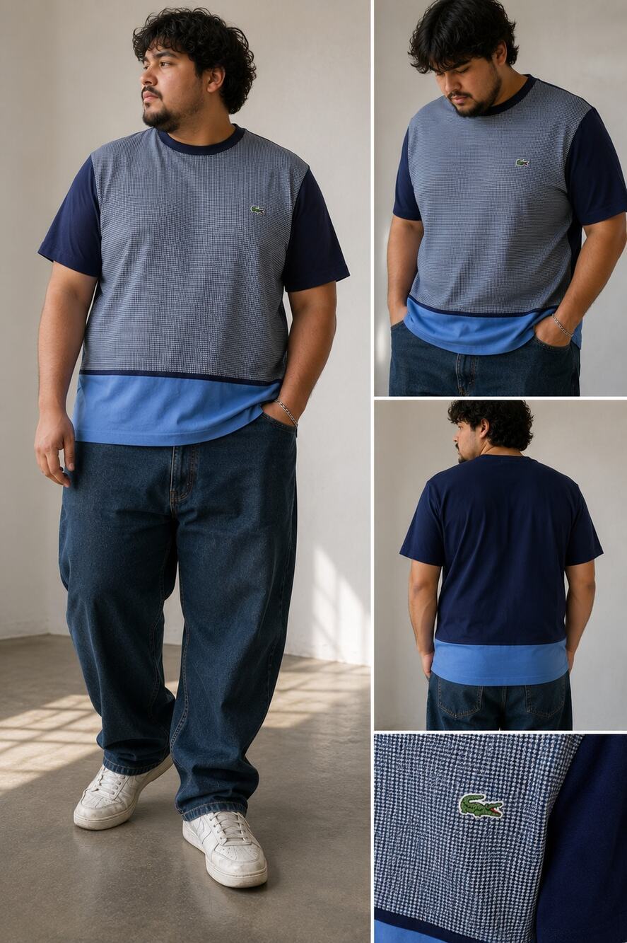 Lacoste Regular Fit Houndstooth Colorblock T-Shirt Blue Navy Cotton XXL FR 7
